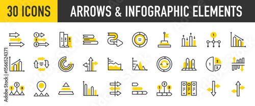 30 Arrows and infographic elements icons. such as Timeline, Levels, Top, Bar Chart, Arrows, Increase, Decrease, Area Chart, Pyramid Chart, Bar Chart, Bar, Circle Arrow vector stroke illustration.