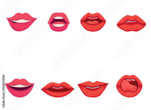 lips collection. Vector illustration of sexy woman's lips expressing different emotions, such as smile, kiss, half-open mouth, biting lip, lip licking, tongue out