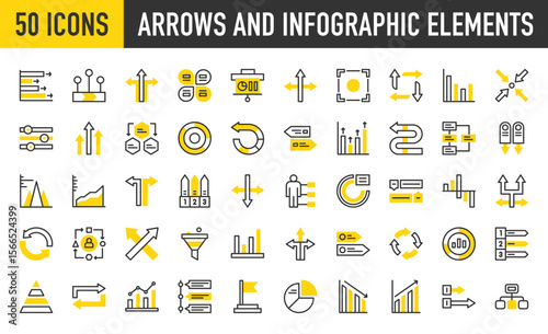 50 Arrows and Infographic Elements icons. such as Pyramid, Diagram, Adaptation, Bar Graph, Bar Chart, Circular, Cycle, Timeline, Connected, List, Graph, Pie Chart vector stroke illustration.