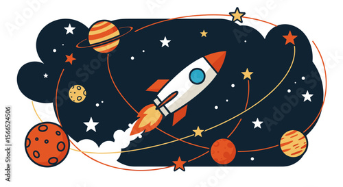 Space exploration adventure vector illustration with rocket and planets in a flat cartoon style