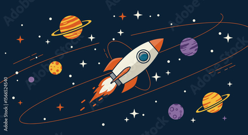 Space exploration vector illustration: rocket and colorful planets in outer space design