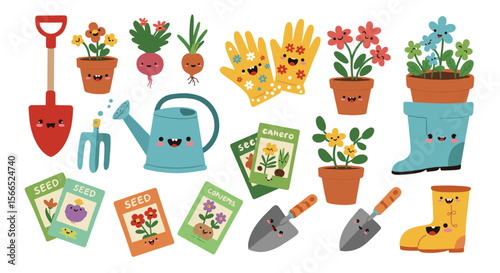 Cute gardening elements with smiling tools and plants vector illustration for springtime projects