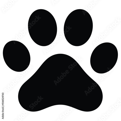 A black silhouette of a dog paw print against a white background