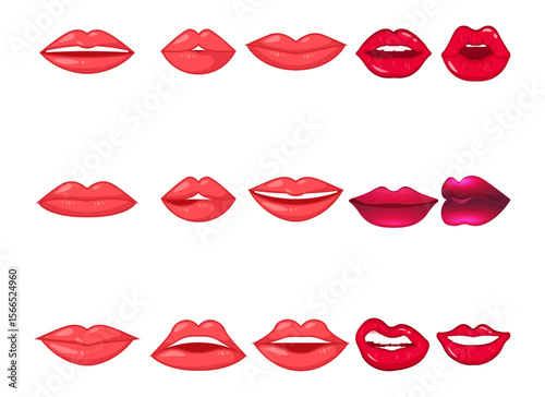 lips collection. Vector illustration of sexy woman's lips expressing different emotions, such as smile, kiss, half-open mouth, biting lip, lip licking, tongue out