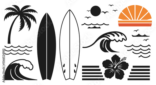 Summer beach elements vector illustration for surfing and tropical designs