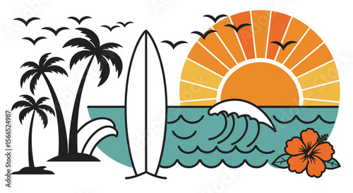 Tropical surfing adventure vector illustration with sunset and palm trees for summer design