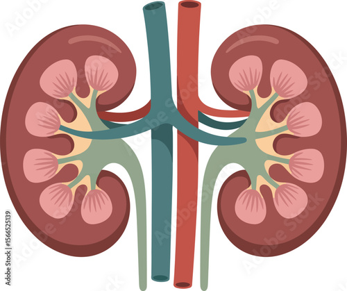 Stylized cross section of human kidneys showing internal structures and blood vessels