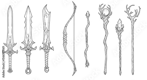 Fantasy weapon collection vector illustration: swords, bows, and staffs for rpg design