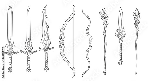 Fantasy weapons vector illustration: swords, bows, and staffs in line art for design and game concepts