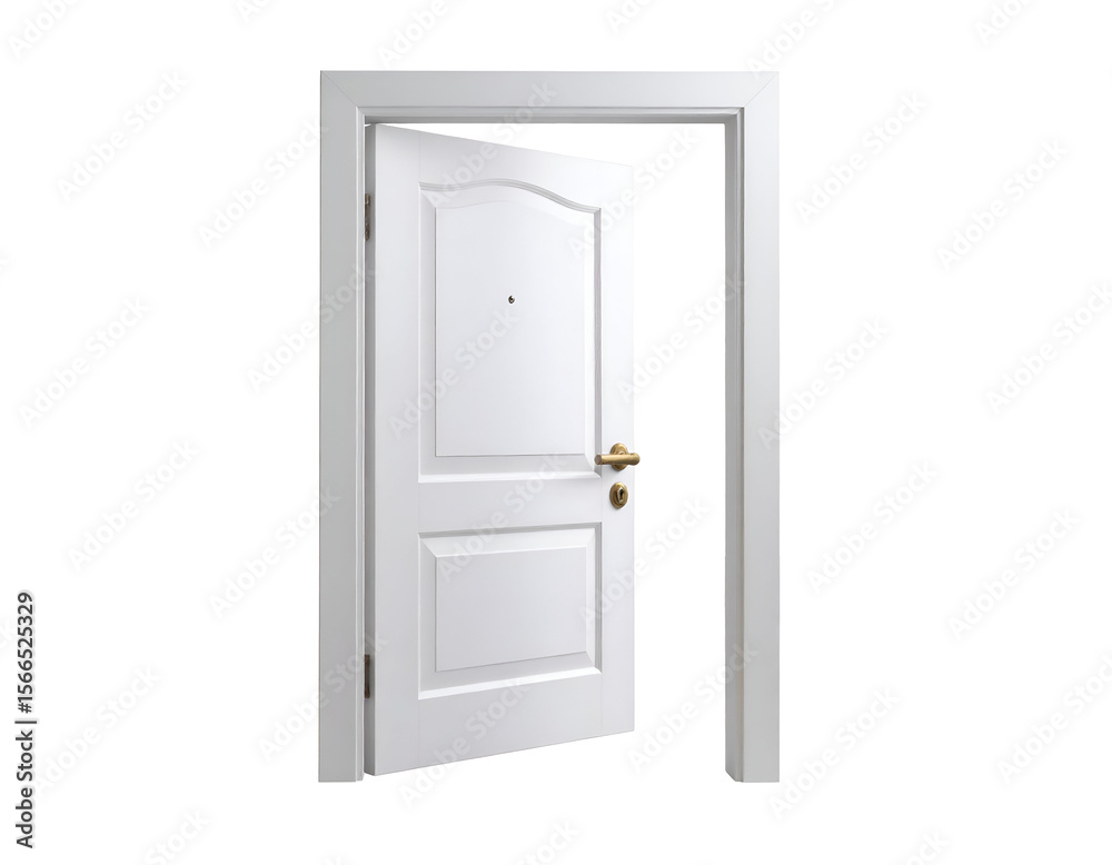 Naklejka premium An inviting modern white door, adorned with a shining brass handle, stands gently ajar.