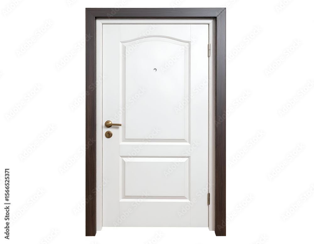 A pristine white panel door with a dark frame and elegant brass hardware offers a welcoming entrance. A pristine white panel door with a dark frame and elegant brass hardware offers a welcoming entrance.