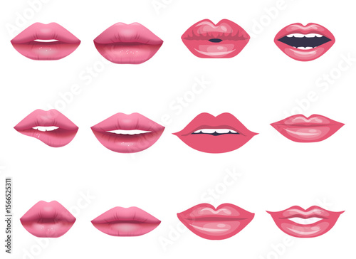 lips collection. Vector illustration of sexy woman's lips expressing different emotions, such as smile, kiss, half-open mouth, biting lip, lip licking, tongue out