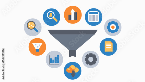 Funnel surrounded by colorful icons representing data analysis and processing tools for business use