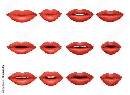 lips collection. Vector illustration of sexy woman's lips expressing different emotions, such as smile, kiss, half-open mouth, biting lip, lip licking, tongue out