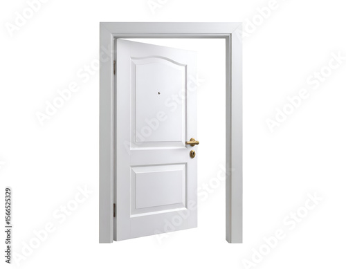 An inviting modern white door, adorned with a shining brass handle, stands gently ajar.