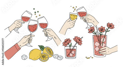 Celebration toast with drinks and lemons vector illustration for party designs and posters in flat style