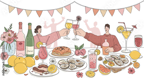 Festive gathering with food and drinks vector illustration for celebration design