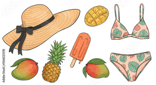 Tropical summer essentials vector illustration: fashion, fruits, and beachwear design for cards and posters