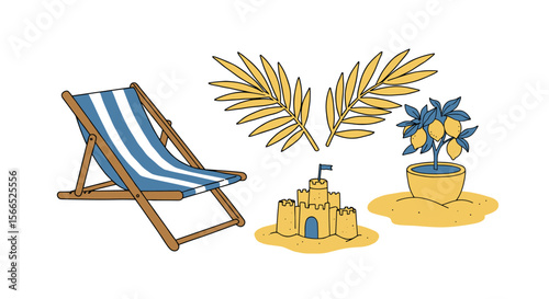 Summer beach vector illustration: tropical elements with deck chair, sandcastle, and lemon plant