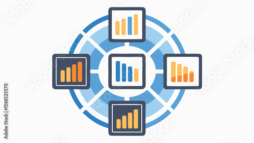 Circular arrangement of data charts showing different trends and data visualizations shown clearly
