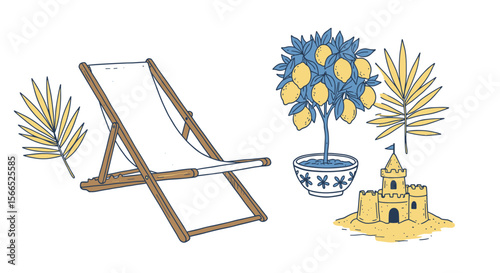 Summer vacation vector illustration: lemon tree, sandcastle, and deck chair in decorative design