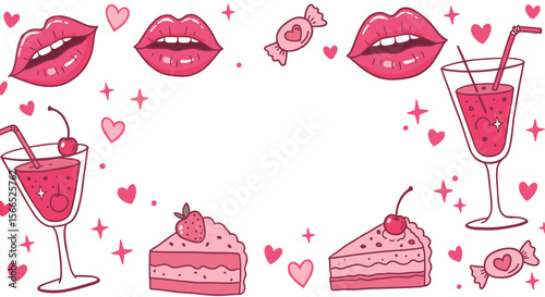 Valentine's day celebration vector illustration - romantic sweets and drinks design for posters and cards