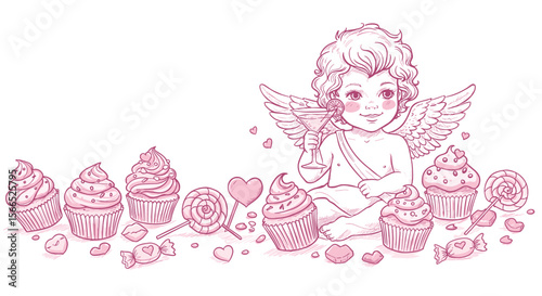 Cute cupid with cupcakes and sweets vector illustration in hand drawn style for valentine's day cards and posters