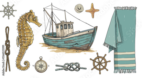 Nautical themed vector illustration with ship and sea elements for design and decoration