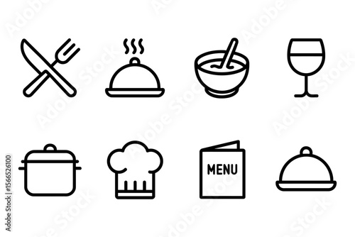Culinary icons collection showcasing dining essentials and kitchenware, vector illustration