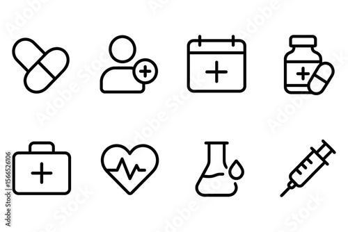 Healthcare and medical icon set including pills, calendar, heart, and vaccine, vector illustration