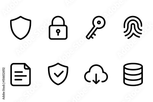 Secure digital icons set featuring shield, lock, key, and cloud for data protection, vector illustration