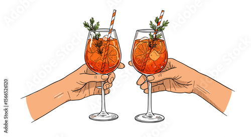 Cheers with aperol spritz - hand drawn vector illustration for summer celebrations and inviting card designs