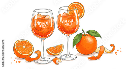 Aperol spritz vector illustration with fresh oranges in hand drawn style for beverage design