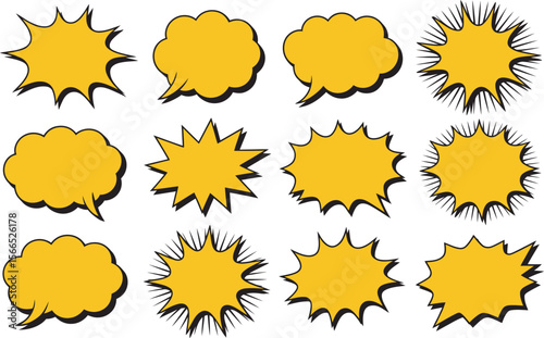 Set of Yellow Comic Speech and Explosion Bubble Icons – Vector Pop Art Style Dialog and Thought Elements