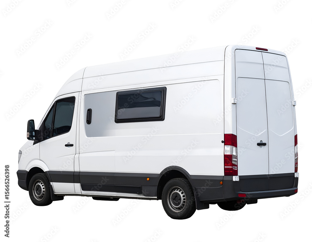 Naklejka premium Sleek white cargo van with tinted and rear doors poised for delivery or travel.