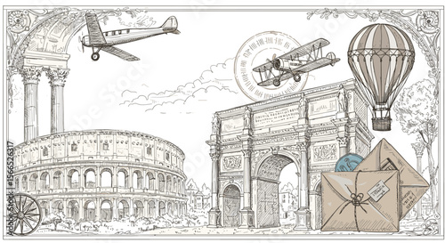 Vintage travel and exploration vector illustration featuring historical landmarks and air travel elements