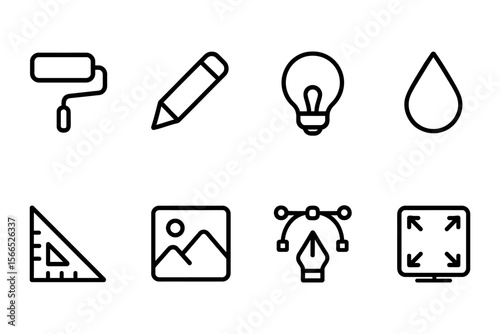 Creative design elements featuring tools and symbols in line art style, vector illustration