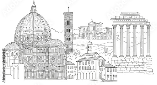 European architecture vector illustration: iconic landmarks and historic buildings in line art for design projects