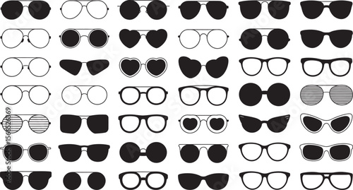 Set of Sunglasses and Eyeglasses Icon Collection – Black Vector Silhouettes of Fashion and Retro Glasses