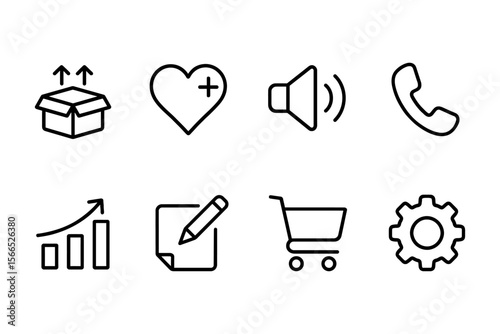 Essential icons collection featuring box, heart, speaker, phone, growth, note, cart, and gear, vector illustration