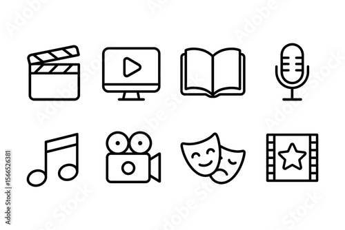 Entertainment and media icons featuring music, film, literature, and theater, vector illustration
