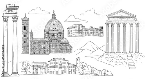Italian architecture landmarks line art vector illustration for design and posters