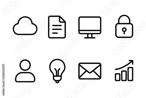 Technology and communication icon set featuring cloud, document, computer, and security elements, vector illustration