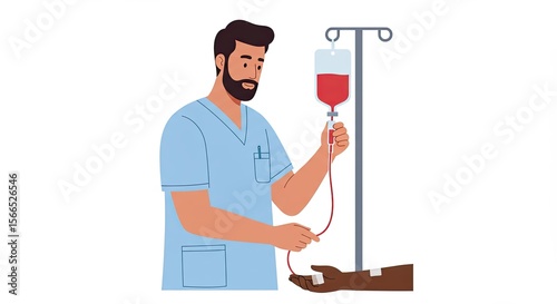 A healthcare professional administering a blood transfusion to a patient in a medical setting
