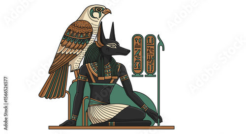 Ancient egyptian mythology vector illustration of anubis and falcon in stylized art for design