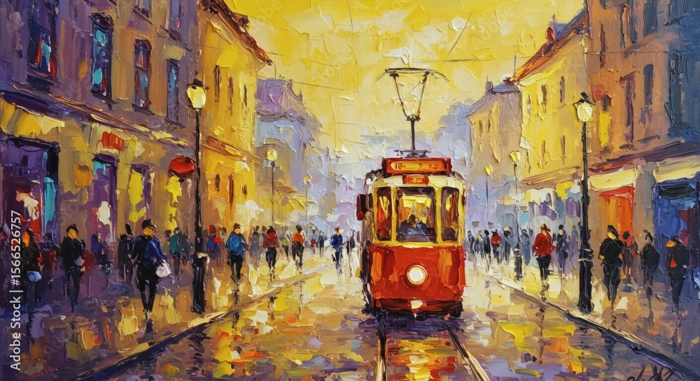 Obraz premium Nostalgic Tram Ride Vivid Cityscape Oil Painting.