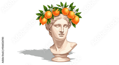 Classical bust with orange fruit crown vector illustration for art print and design