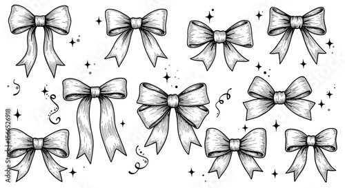 Hand drawn bow collection vector illustration for decorative design in retro style