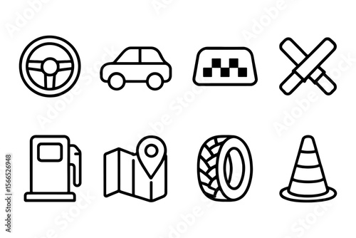 Transportation and travel icon set featuring car, steering wheel, map, and traffic symbols, vector illustration
