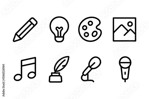 Creative arts and expression icon set featuring pencil, light bulb, paint palette, and music symbols, vector illustration